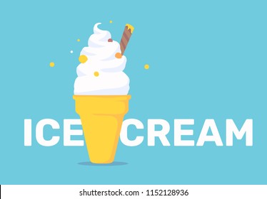 Vector cartoon color illustration of vanilla ice cream in a waffle cup with text on blue background. Hand drawn flat style design of ice cream for web, site, banner