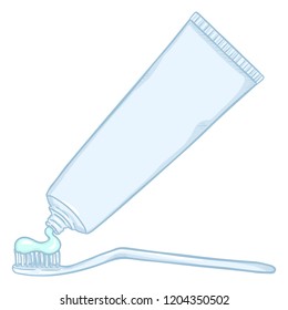 Vector Cartoon Color Illustration - White Tube of Toothpaste with Toothbrush