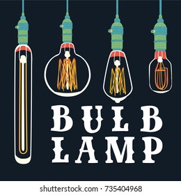 Vector cartoon color set of illustration of modern edison loft lamps, vintage, retro style light bulbs. Hand drawn vector set of different shape loft lamps on dark background.