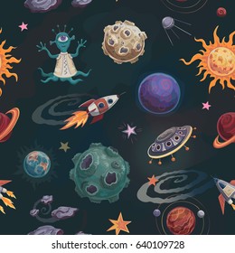 Vector cartoon color space pattern. Planets, spaceships and aliens on a dark background