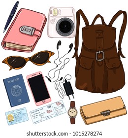 Vector Cartoon Color Travel Set. Personal Belongings for Journey