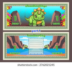 Vector cartoon colored beautiful banknotes, coupons or flyers. Obverse and reverse. Cute little smiling baby toon dinosaur. Denomination one dino. Nature, stones, cliffs, mountains and beach. Colored palm leaves. Part 1