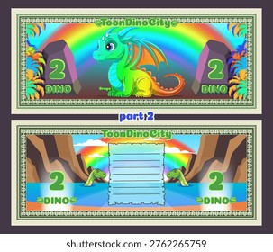 Vector cartoon colored beautiful banknotes, coupons or flyers. Obverse and reverse. Rainbow cute little smiling baby toon dinosaur or iridescent dragon with wings. Denomination two dino. Nature, stones, mountains and beach. Colored palm leaves. Part 2