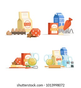 Vector cartoon colored cooking ingridients or groceries piles set illustration