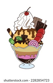 Vector - Helado de color caricatura. Arte para niños. Exquisito postre congelado. Copa de parfait.