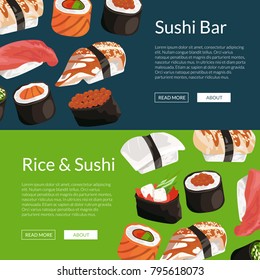 Vector cartoon colored sushi horizontal banner and poster templates illustration