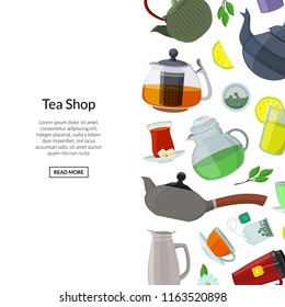 Vector cartoon colored tea kettles and cups of set background with place for text illustration