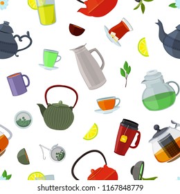 Vector cartoon colored tea kettles and cups pattern or background on white illustration