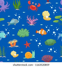 Vector cartoon colored underwater creatures and green seaweed pattern or background illustration