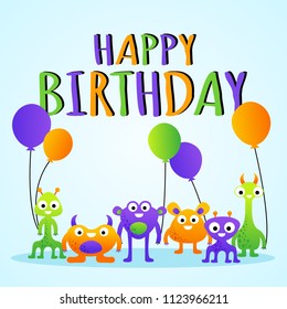 Vector cartoon colorful birthday greeting card for children with monsters
