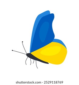 Vector cartoon colorful butterfly with yellow-blue wings isolated on white background.