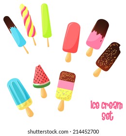 Vector cartoon colorful cute ice cream on a stick icons with nuts and chocolate isolated on white set