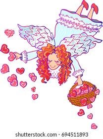 Vector cartoon colorful illustration of cute redhead angel with basket full of hearts isolated on white background