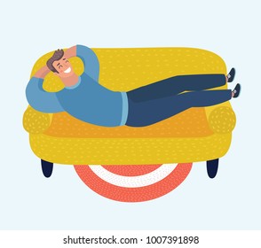 Vector cartoon colorful illustration of happy man lying on sofa. Lazy vacation, downshifting, freelance. Relaxation, procastination. Funny male happy characters on white background.