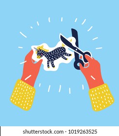 Vector cartoon colorful illustration of two kids Hands Cutting paper Unicorn with Scissors For Applique, Elementary School Art Class Vector Illustration. Object in modern style on blue backround.