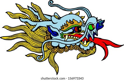 Vector cartoon of a colorful oriental dragon head, isolated against white. 