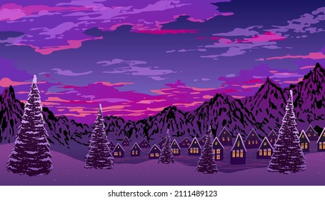 Vector cartoon colorful sunset evening winter panorama landscape. Mountain village in snow
