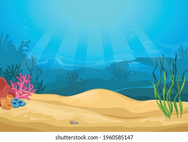 Vector cartoon colorful underwater landscape with sea plants and corals