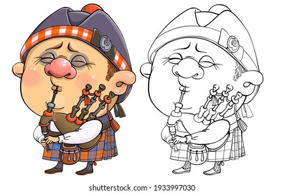 Caricatura vectorial para colorear. Una graciosa ilustración de un lindo piper británico vestido con traje nacional con un instrumento musical.