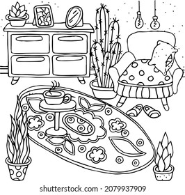
Vector cartoon coloring pages for childrens books. Black and white pictures of the home interior living room.