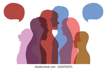 Vector cartoon coloured profile. Social networking. Speaking bubble. Crowd talking. Multi-ethnic and multicultural group speaking. Multiracial communication.