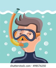 Vector cartoon colourful illustration of scuba diver with a dive mask and snorkel under water and air bubbles