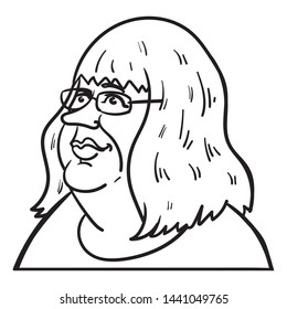 Vector cartoon comic drawing of a fat woman with glasses and long nose. Face, outline, sketch, black, white, funny.