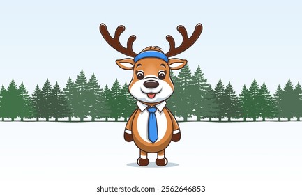 Vector cartoon comic funny cute kind smiling little deer in headband and blue tie. Graphic simple coniferous forest. Toon animal