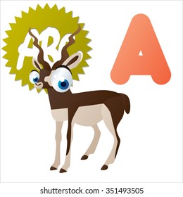 vector cartoon comic illustration for animal funny alphabet. Badges, stickers or logos or icons designs with animals. A is for Antelope