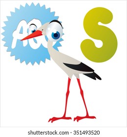 vector cartoon comic illustration for animal funny alphabet. Badges, stickers or logos or icons designs with animals. S is for Stork