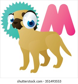 Vektorgrafik-Comic-Illustration für tierisches lustiges Alphabet. Abzeichen, Aufkleber oder Logos oder Symbole mit Tieren. M ist für Mastiff