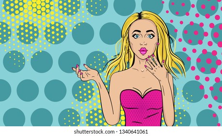 Vector cartoon comic pop art woman with wow face. Pin up style blonde hair surprised girl. Sexy club cute female character for banner template, discount sale card, poster and beauty shop or salon