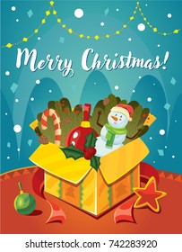 Vector cartoon comic style Christmas greeting card design template illustration with open gift box, snowman, Christmas tree branches, holly berry, star, balls and ribbon with garlands.