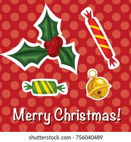 Vector cartoon comic style Christmas set with holly berry, candies and gold jingle bell sticker badges on red dot pattern background. Cute holiday greeting card design