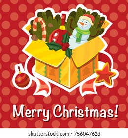 Vector cartoon comic style Christmas gift present box with snowman, Christmas tree branches, red ribbon decoration sticker badge on red dotted background. Cute greeting card