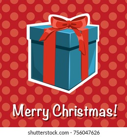 Vector cartoon comic style Christmas gift present box with red ribbon sticker badge on red dotted background. Cute greeting card
