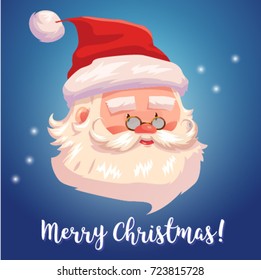 Vector cartoon comic style color illustration of Christmas Santa Claus character on glowing deep blue background. Printing design template illustration for poster and greeting card