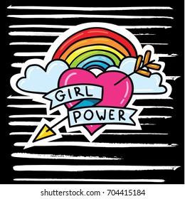 Vector cartoon comic style doodle outlined illustration of arrowed heart and rainbow with feminism slogan lettering girl power on black background with hand drawn ink stripes brush strokes print 