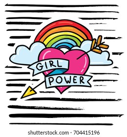 Vector cartoon comic style doodle outlined illustration of arrowed heart and rainbow with feminism slogan lettering girl power on black background with hand drawn ink stripes brush strokes print 