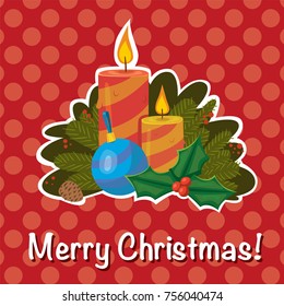 Vector cartoon comic style flaming Christmas candle with decoration, Christmas ball and holly berry sticker badge on red dot pattern background. Cute holiday greeting card design