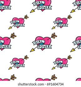 Vector cartoon comic style hand drawn doodle seamless pattern background of heart with arrows feminism girl power