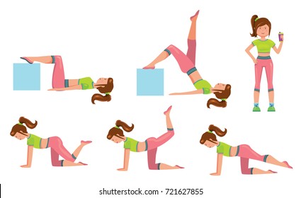 Vector cartoon comic style illustration of sport exercises set. Yoga and fitness instruction