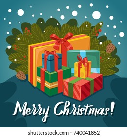 Vector cartoon comic style illustration greeting card design template of Christmas gift boxes with snowflakes and tree branches decoration