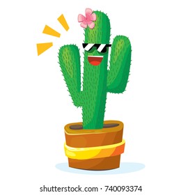 Vector cartoon comic style illustration set of happy smiling Mexican cactus in sunglasses character mascot