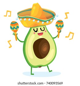 Vector cartoon comic style illustration set of happy smiling Mexican dancing avocado in sombrero with maracas character mascot