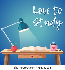 Vector Cartoon Comic Style Illustration Of Working Study Table. Office Desk Interior With Lamp, Open Book, Apple And Hot Coffee. Concentration, Motivation And Hard Studying Illustration