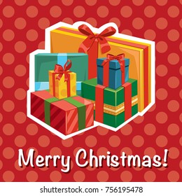 Vector cartoon comic style illustration of Christmas present gift boxes set sticker badge on red polka dot background. Cute greeting card