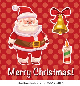 Vector cartoon comic style illustration of Christmas Santa character with flaming candle and gold jingle bell sticker badge on red polka dot background. Cute New year greeting card