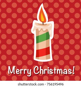 Vector cartoon comic style illustration of Christmas flaming candle sticker badge on red dot background. Cute greeting card