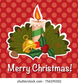 Vector cartoon comic style illustration of Christmas flaming candle with Christmas tree branches decoration and holly berry sticker badge on red polka dot background. Cute greeting card